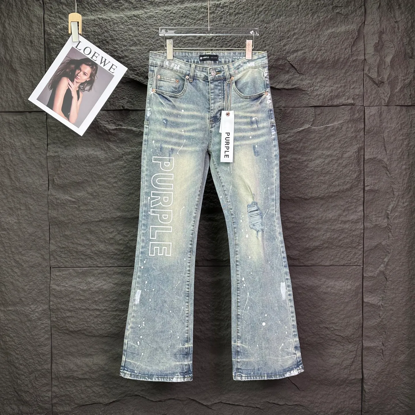 PURPLE BRAND 2026 New Arrival Splashed Ink Hole Letter Print Couple Style Mild-Boot Washed Stretch Jeans High Version High Version Top Ceiling Quality Styles with different washed textures, very friendly to people with thin legs and thick legs. The micro-flared version is very flattering to the leg shape. Moderate length that never goes out of style, easy to match with casual, basic styling for various styles, a must-have in the wardrobe! The fabric is stiff but also makes the upper body soft without losing texture. The washing process is even more perfect. It is a must-have item for everyone! ! ! Washed wheat, hang tag, pants label, three labels complete Color: Light Blue Size: 28, 30, 32, 34, 36 (five sizes)